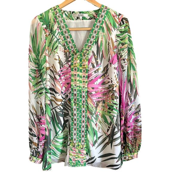 BADGLEY MISCHKA | Tropical Print V Neck Tunic Shirt with Peasant Sleeves | Sz 4 - Picture 1 of 5